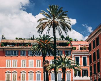 Low angle view of palm trees by swimming pool against buildings