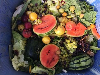 High angle view of fresh various fruits in plastic container