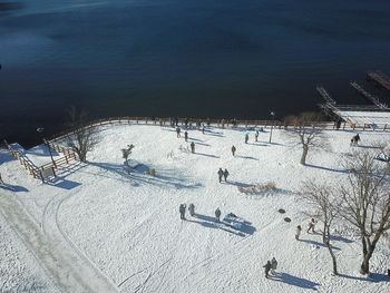 High angle view of snow covered field