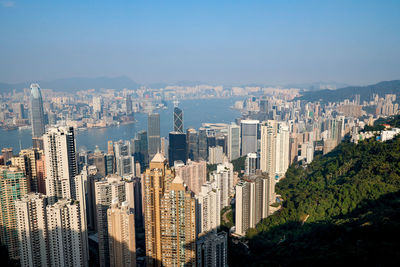 Aerial view of buildings in city against sky