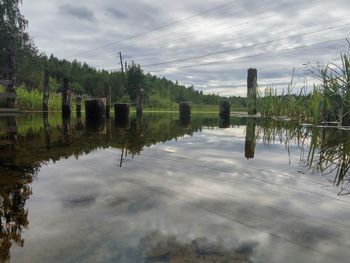 Scenic view of calm lake against cloudy sky