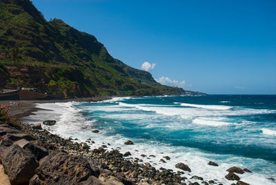 Scenic view of sea against blue sky