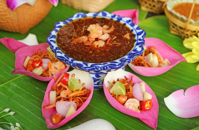 High angle view of food served on table