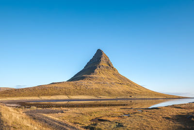 Scenic view of desert against clear blue sky