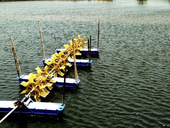 High angle view of ship moored on sea