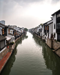 Canal amidst buildings against clear sky
