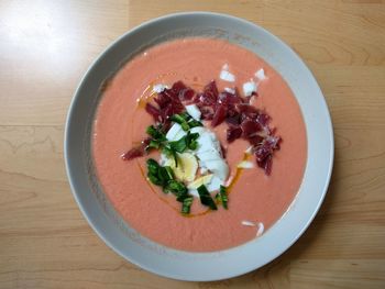 High angle view of salad in bowl on table