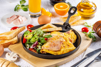 High angle view of food in plate on table