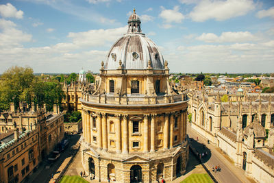 High angle view of church against sky in city