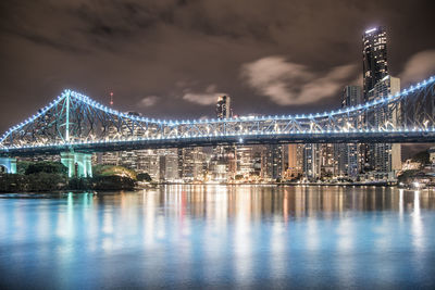 Illuminated bridge over river at night