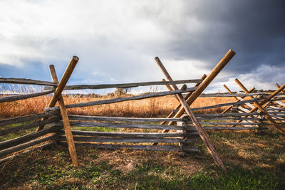 Wooden virginia worm or split rail fence at oak ridge where civil war battle of gettysburg occurred