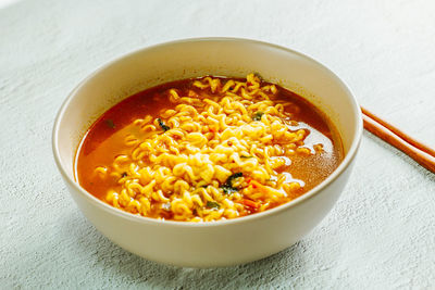 High angle view of soup in bowl on table