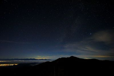 Scenic view of mountains against sky at night