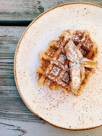 High angle view of dessert in plate on table