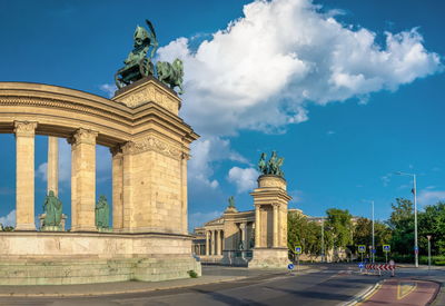 Monument to the millennium of hungary on the heroes square in budapest on a sunny summer morning