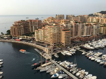 High angle view of boats moored in sea