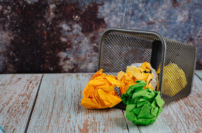 High angle view of yellow flower on table