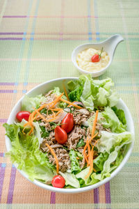 Close-up of salad in bowl on table