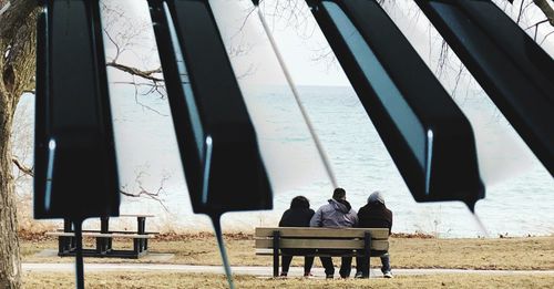 Rear view of people sitting on bench