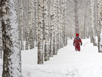 Woman walking in snow covered forest