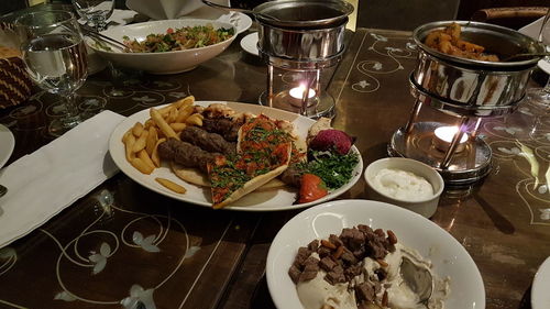 High angle view of food served on table