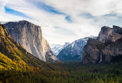 Countryside landscape against rocky mountains