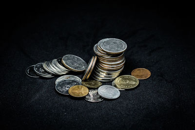 High angle view of coins