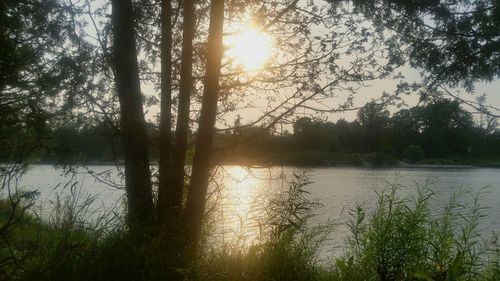 Scenic view of lake against bright sun