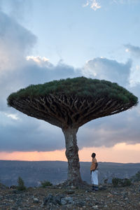 Rear view of woman standing on beach against sky during sunset