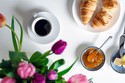 High angle view of breakfast served on table