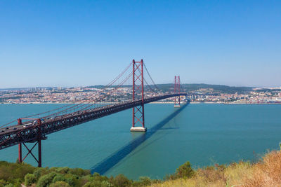 View of suspension bridge in city