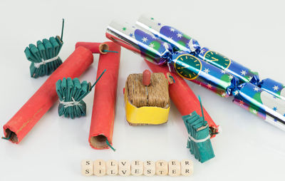 High angle view of colored pencils on table