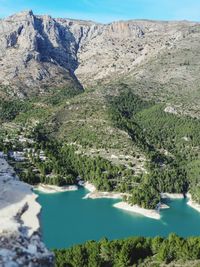 High angle view of lake amidst mountains