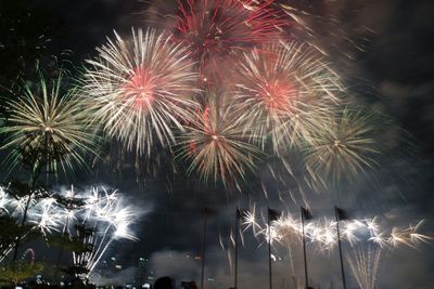 Low angle view of firework display at night