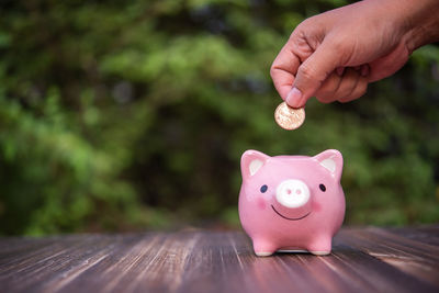 Cropped hand putting coin in piggy bank on table