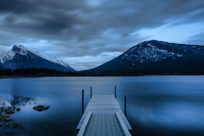 Scenic view of lake and snowcapped mountains against sky