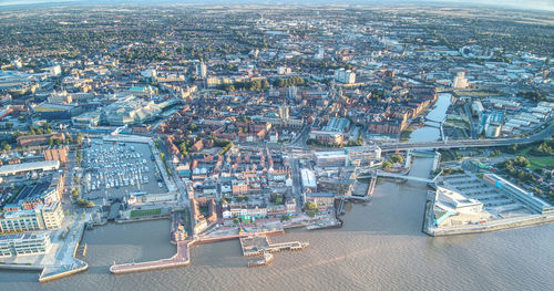 Drone view of sunrise at the marina in hull, east yorkshire, uk