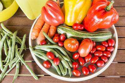 High angle view of fruits and vegetables on table