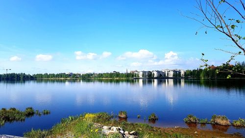 Scenic view of lake against blue sky