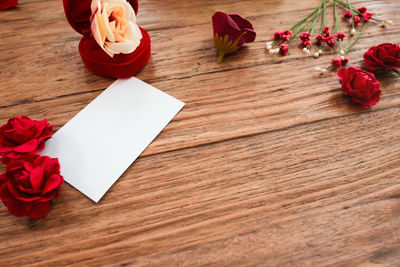 High angle view of roses on table