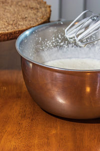 High angle view of drink in bowl on table