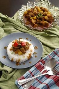 High angle view of breakfast on table