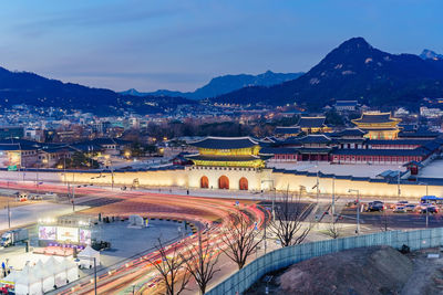 High angle view of city street during winter