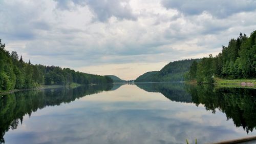 Scenic view of calm lake against cloudy sky