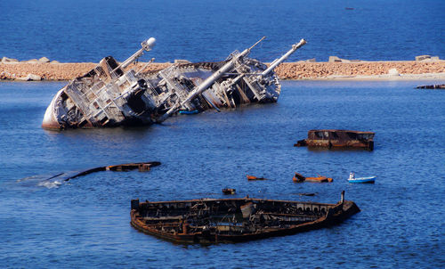 High angle view of abandoned ship in sea