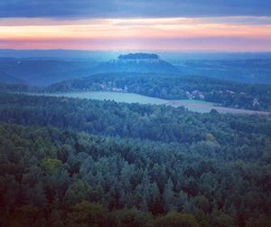 High angle view of landscape against sky during sunset