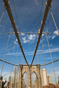 Low angle view of suspension bridge against sky