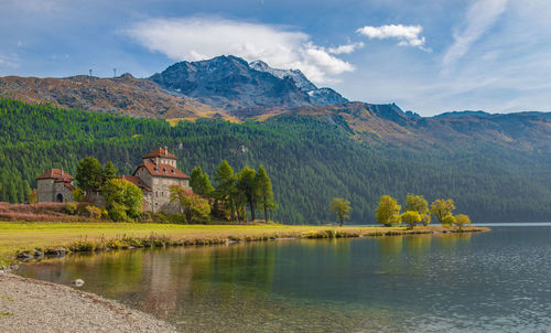 Scenic view of lake and mountains against sky
