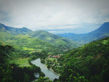 High angle view of mountains against sky