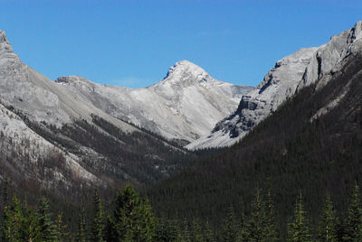 Scenic view of snowcapped mountains against clear blue sky